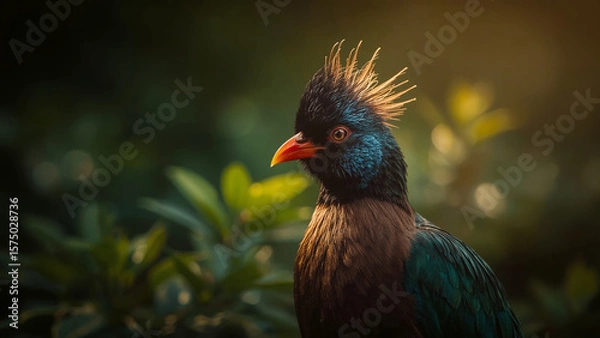 Fototapeta Turaco Bird Profile with Striking Orange Beak and Unique Spiky Crest Against a Blurred Green Background