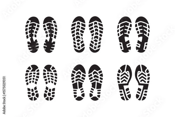Fototapeta Collection of six black shoe sole imprints on a white background