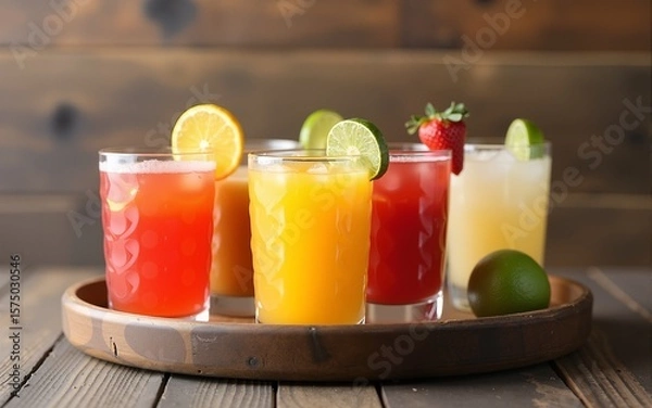 Fototapeta Tray of cool colorful summer drinks against a rustic wood background. High quality