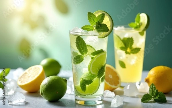 Fototapeta Fresh lime and mint drinks with ice, lemons, and glasses, botanical and citrus concepts, refreshing beverages, and summer drinks. High quality
