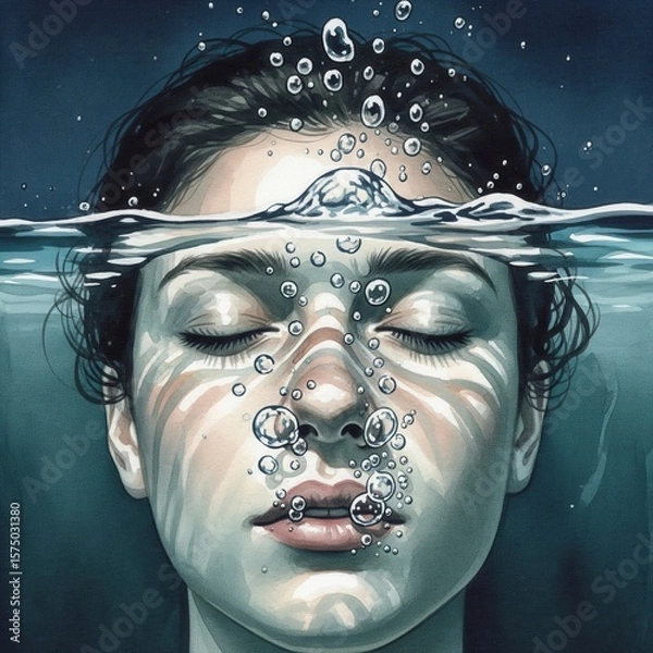 Fototapeta A serene and peaceful underwater portrait of a woman with closed eyes, surrounded by bubbles and beautiful caustic light
