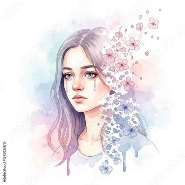 Fototapeta A conceptual illustration of beauty and sorrow, showing a woman's emotional portrait with tears and dissolving watercolor flowers
