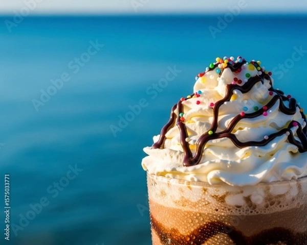 Fototapeta A refreshing summer treat: an iced mocha with whipped cream and sprinkles, enjoyed on a vacation by the blue ocean
