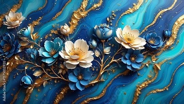 Fototapeta Elegant Blue and Gold Floral Arrangement on an Abstract Background, Opulent Flower Art with Golden Accents on a Textured Blue Backdrop
