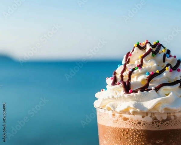 Fototapeta A refreshing summer treat: an iced mocha with whipped cream and sprinkles, enjoyed on a vacation by the blue ocean
