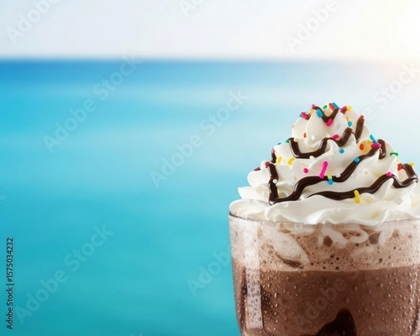 Fototapeta A refreshing summer treat: an iced mocha with whipped cream and sprinkles, enjoyed on a vacation by the blue ocean

