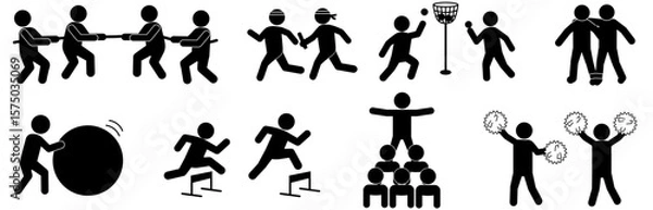 Obraz 運動会の種目を表すピクトグラムセット・綱引きリレー玉入れなど複数競技のシルエット素材