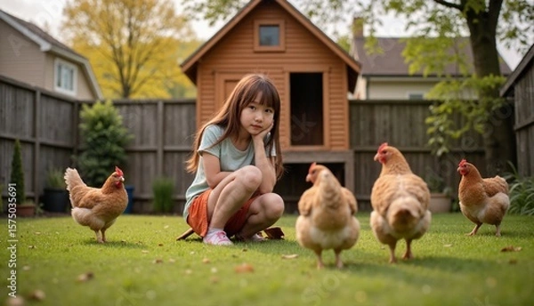 Fototapeta Thoughtful young girl interacting with curious chickens in a lush backyard, featuring a rustic chicken coop and vibrant greenery, concept of sustainable living or organic farming