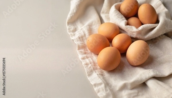 Fototapeta Fresh brown eggs arranged elegantly on a soft linen cloth background, representing farm freshness and culinary delights, concept of organic farming or culinary arts