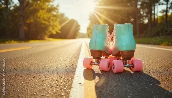 Fototapeta Vintage roller skates with pink wheels positioned on an empty sunlit road surrounded by greenery, retro concept of sports gear or roller skating.