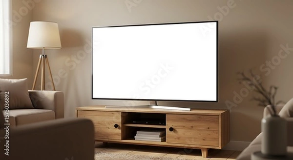 Fototapeta Modern Smart TV with Blank White Screen in Contemporary Living Room, Perfect for Customizable Digital Content and Personalized Entertainment.