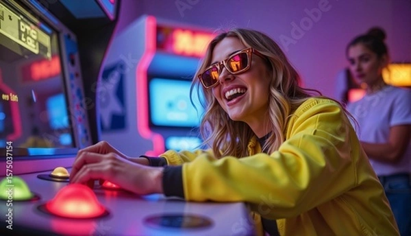 Fototapeta Smiling blonde woman enjoying retro arcade games in neon-lit gaming room with vibrant colors, fun concept of entertainment or gaming lounge