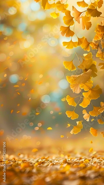 Obraz Golden Ginkgo Leaves Framing a Peaceful Autumn Park with Open Space for Text