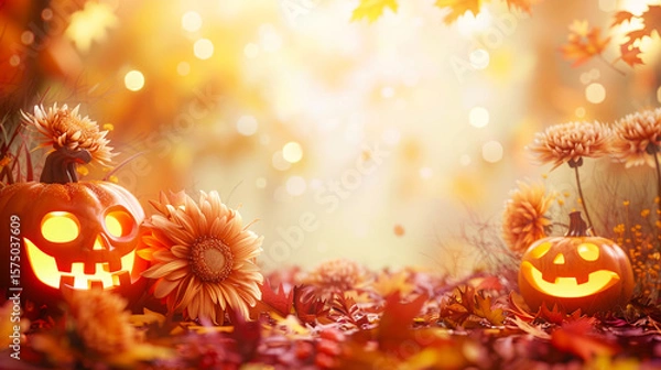 Obraz Pastel jack-o'-lanterns and cosmos flowers in dreamy autumn garden with central space