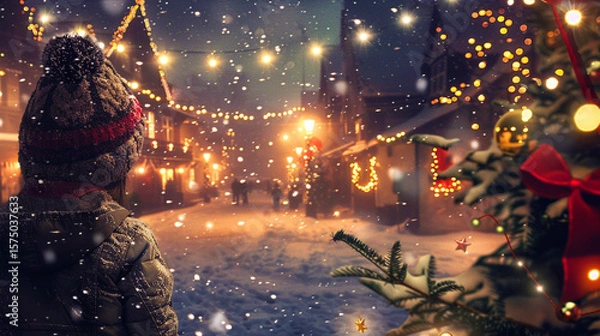 Obraz Child admiring Christmas lights in snowy village at night