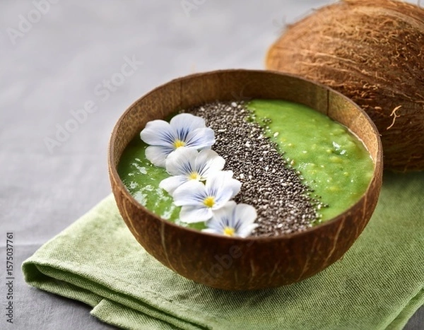 Fototapeta green smoothie bowl with chia flowers and coconut in coconut shell on linen napkin