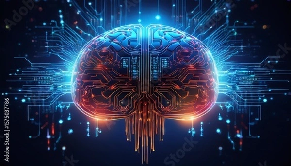 Fototapeta a digital brain image combining circuit boards and neural networks with blue and red lights glowing symbolizing artificial intelligence and technology