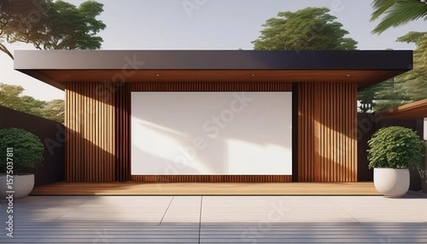 Fototapeta new house with wooden door and empty white signage 3d rendering of large patio in modern home