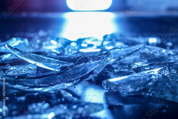 Fototapeta Broken Glass Shards on Dark Surface with Cold Blue Lighting