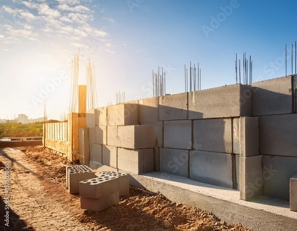 Fototapeta concrete wall with concrete block on construction site