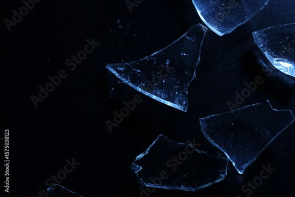 Fototapeta Broken Glass Shards on Dark Surface with Cold Lighting