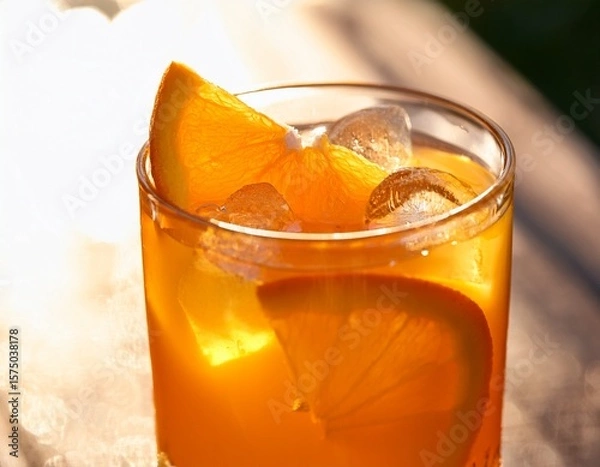 Fototapeta close up of refreshing orange juice with ice and orange slice in a glass illuminated by sunlight