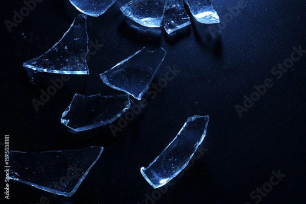 Fototapeta Broken Glass Shards on Dark Surface with Cold Lighting
