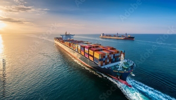 Fototapeta an aerial view of two cargo ships filled with colorful containers sailing side by side in the ocean symbolizing global trade and connectivity