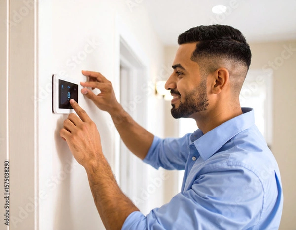 Fototapeta  Man installs motion sensor in warm home hallway with bright lighting and friendly atmosphere during daytime hours