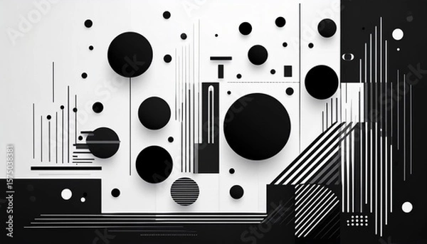 Fototapeta abstract geometric background with black and white circles squares and dots modern minimalistic design perfect for technology music or futuristic themes