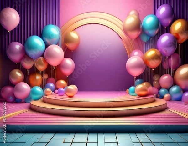 Fototapeta 3d render of a modern stage with colorful and shiny balloons