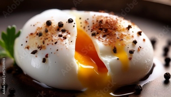 Fototapeta close up of a perfectly poached egg with runny yolk and black pepper