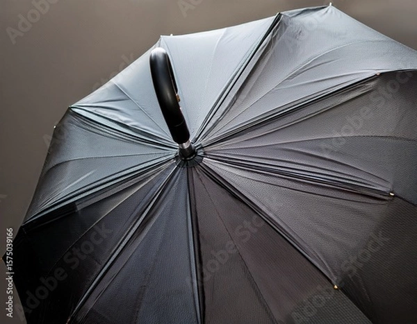 Fototapeta umbrella with glossy black canopy and curved handle for rain protection