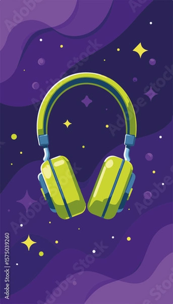 Fototapeta Lime headphones floating in purple space with abstract stars, modern design concept for audio accessories and technology businesses.