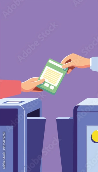 Fototapeta Digital ticket being scanned at a turnstile, minimalistic vector illustration, purple and lime tones, representing efficiency and modern transportation concept