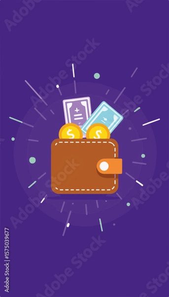 Fototapeta Flat vector illustration of an open wallet displaying discount coins and vouchers, illuminated by lime light streaks against a purple background, concept of savings and promotions.