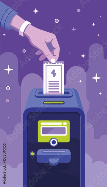 Fototapeta Hand inserting digital ticket into futuristic transport device, minimalistic purple and lime background, transport and technology concept.