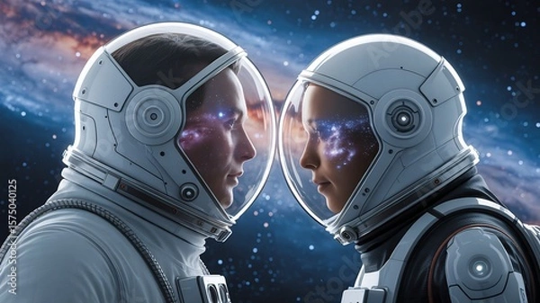 Fototapeta Two astronauts in space suits looking at each other with galaxy reflection in helmets image