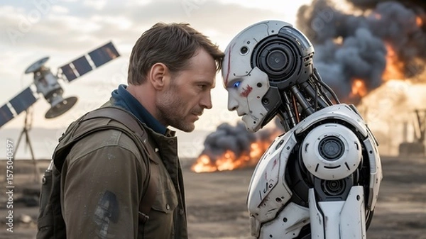 Fototapeta Human and robot face to face concept art ai generated image of technology and future war scene