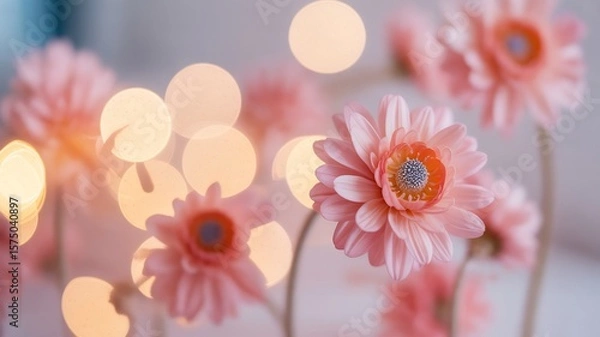 Fototapeta Beautiful pink gerbera daisy flower with bokeh lights for spring floral background wallpaper