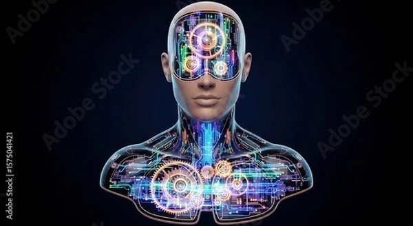 Fototapeta Futuristic ai robot with gears and circuits concept for artificial intelligence technology