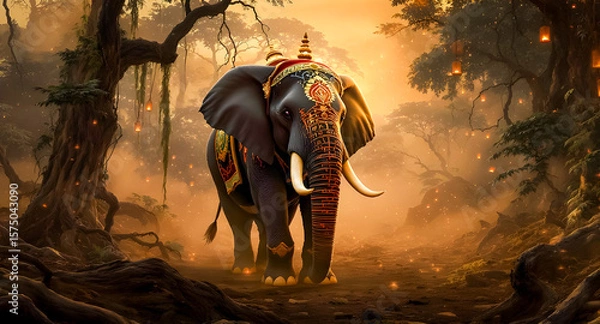 Fototapeta Sacred elephant surrounded by glowing lanterns in a twilight jungle