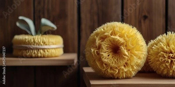 Fototapeta Handmade Yellow Paper Honeycomb Pumpkins with Green Leaves Displayed on Rustic Wooden Shelves