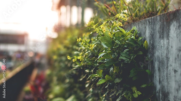 Fototapeta Lush green vertical garden growing on a concrete wall in an urban environment showing eco friendly landscaping sustainable city living and nature integration with soft warm sunlight