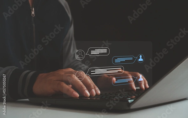 Fototapeta Digital customer service agent concept. Live chat support system with online communication, virtual assistant, chatbot, AI automation, technology for business help desk solutions. Person using laptop