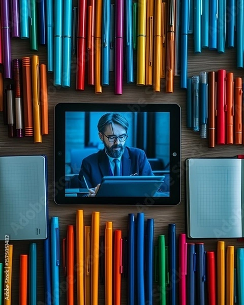 Fototapeta A tablet displaying a man surrounded by colorful pens and notebooks on a wooden surface view from above. perfect for educational content, book covers, and creative storytelling.