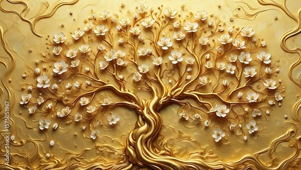 Fototapeta Golden Embossed Tree of Life with Delicate White Flowers, Luxury Artistic Golden Tree of Life Wall Art with 3D Textured Details