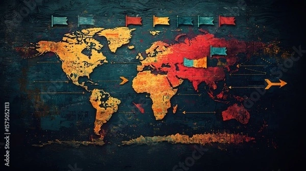 Fototapeta Artistic world map with flags and arrows indicating direction on a textured dark background. perfect for educational content, book covers, and creative storytelling.