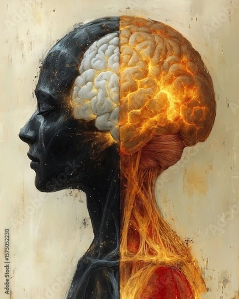 Fototapeta A conceptual image of a human head split in half showing the brain and nervous system in detail. perfect for educational content, book covers, and creative storytelling.