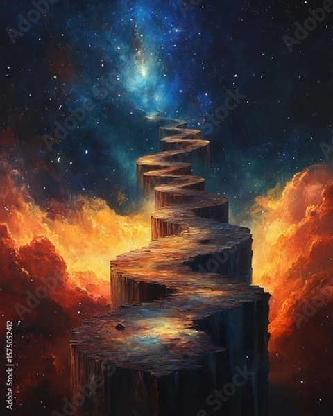 Fototapeta A winding stone staircase leading up to a starry sky with clouds on either side of the staircase path. perfect for educational content, book covers, and creative storytelling.